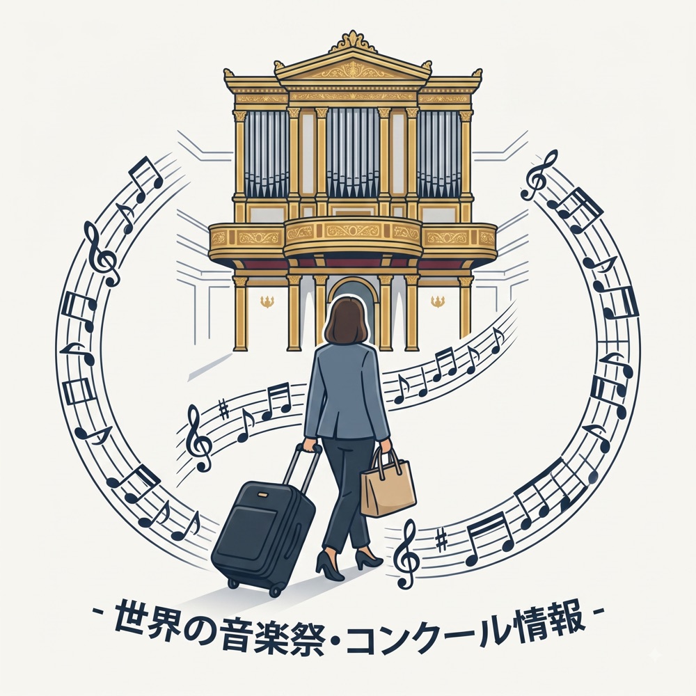 パイプオルガンと旅行者を描いた音楽祭・コンクール情報のイラスト